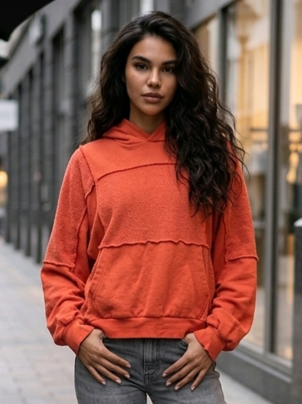 Aerie Oversized Pullover Patchwork Sherpa Hoodie L Orange "inside-out" Feel EUC